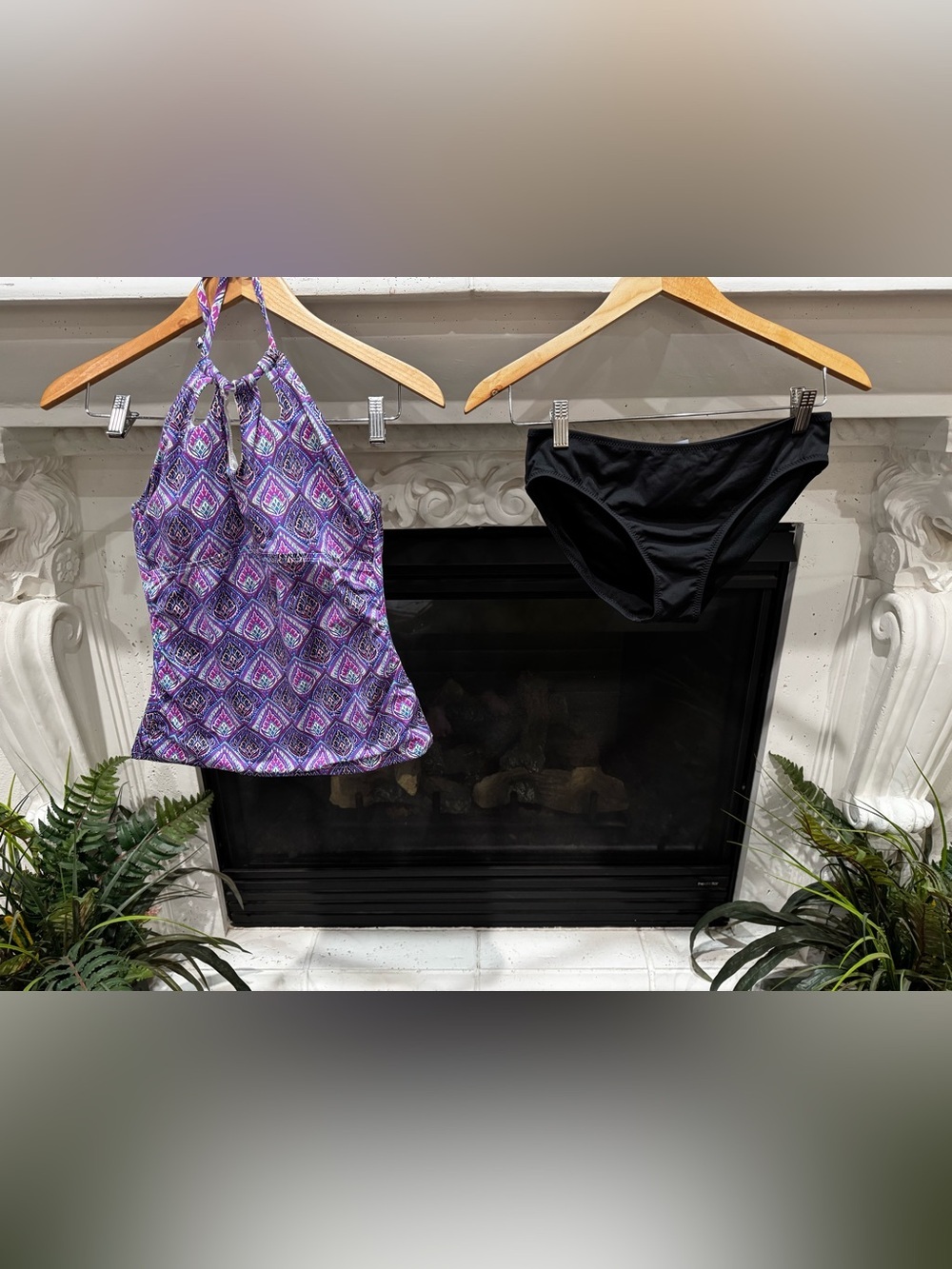 Leilani Purple Patterned Halter Tankini Top with Black Bikini Bottoms